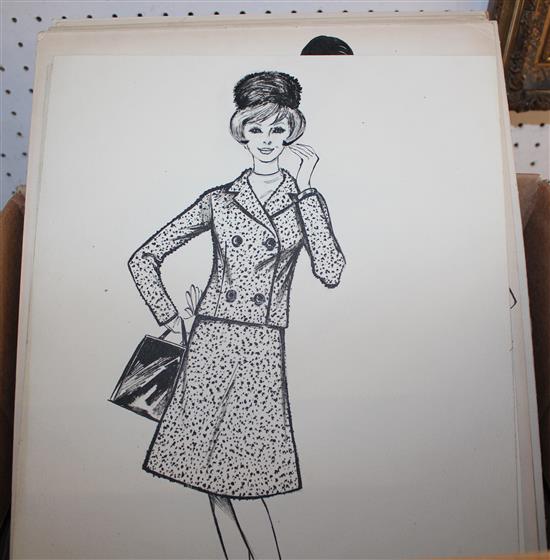 Fourteen monochrome pen & ink sketches of 1950s-1960s fashion